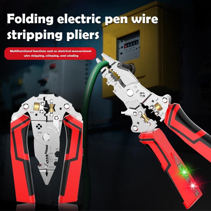 16-in-1 Wire Stripper Crimping Tool, Electrical Test Wire Stripper Pliers, Folding Design Voltage Tester Pliers for Electrician (Red) - Image 3